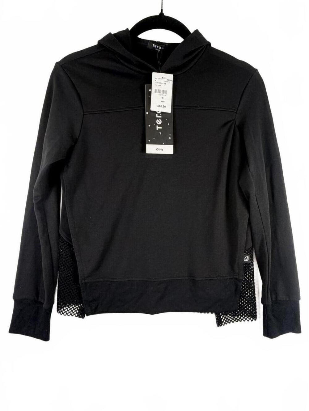 NEW Terez Girls Black Long Sleeve Hoodie Sweatshirt Fishnet Mesh Panels Sz Small